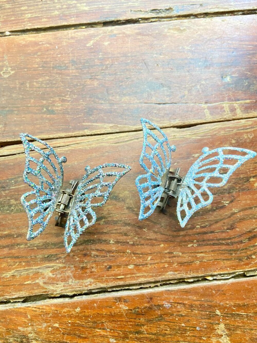Glitter Butterfly Vintage 90s Hair Clip Filigree Barrette Silver Metal PAIR Y2K